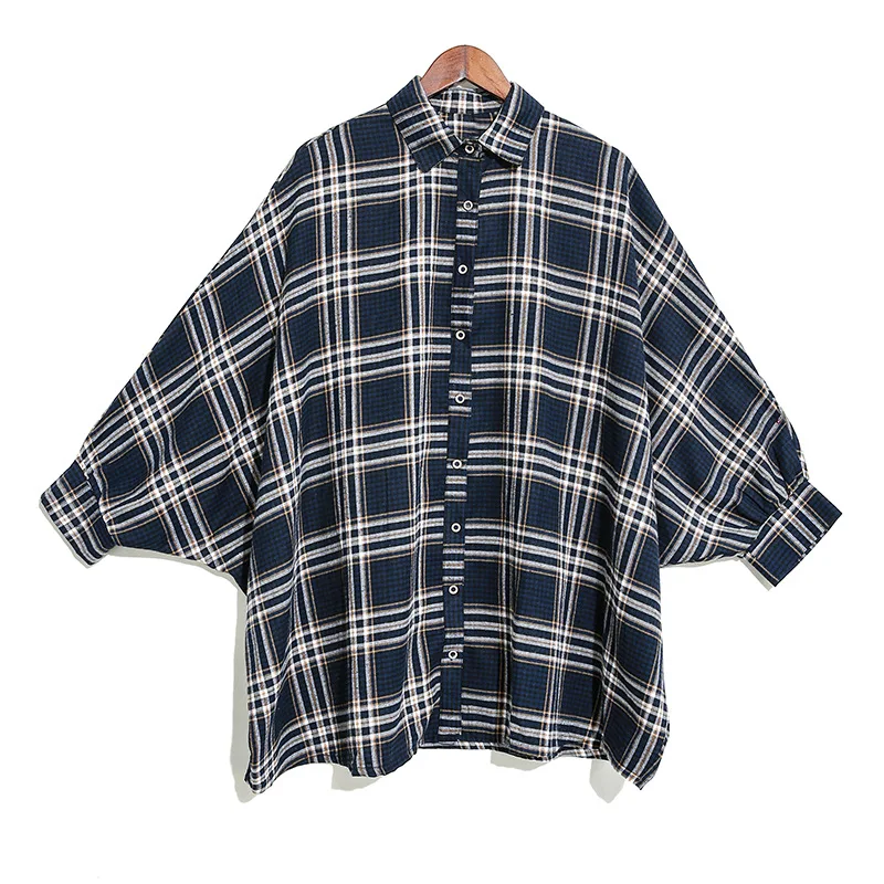 navy blue DMY1308 XITAO, Клетчатая блуза свободного кроя, женская,, осенняя, элегантная, маленькая, свежая, отложной воротник, с одной грудью, Повседневная рубашка, DMY1308 - Цвет: navy blue DMY1308