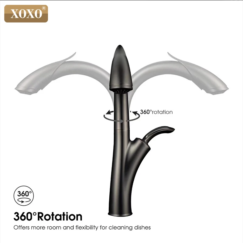  XOXO Kitchen Faucet Pull Out Cold and Hot Kitchen Tap Black Single Hole Single Handle Swivel 360 De - 4000173165812