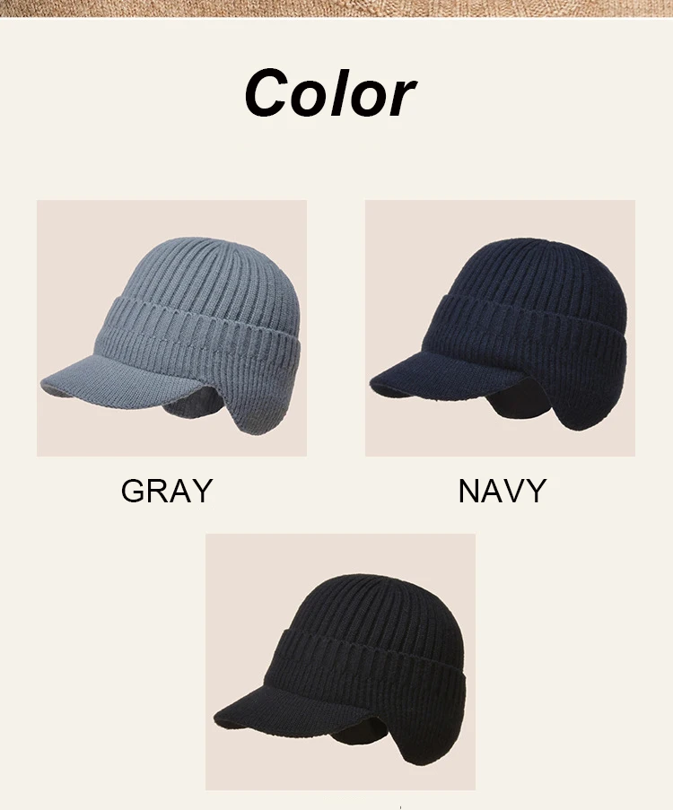 Hot Sale Men's Stylish Warm Winter Hats With Brim Soft Beanie Cap For Men Women Classic Hat With Ear Knitted Hat navy blue bomber hat