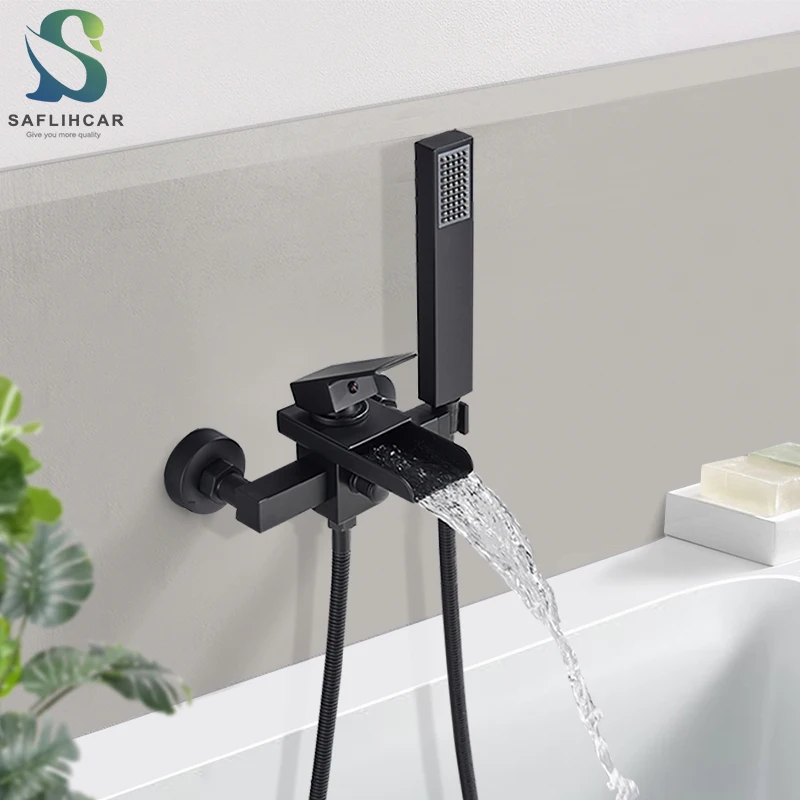 Matte Black ห้องน้ําอ่างอาบน้ําก๊อกน้ําน้ําตกก๊อกน้ําพร้อมฝักบัวมือร้อนและเย็นก๊อกน้ําอ่างอาบน้ําติดผนังก๊อกน้ํา 1