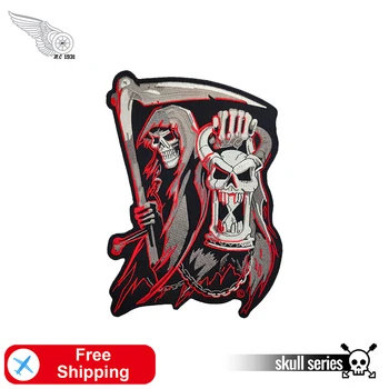 

Satan Skull Reaper Lamp Embroidery Iron on Patches Large Back Badges Biker Jackets Motorcycle Vest Applique Custom for Clothes