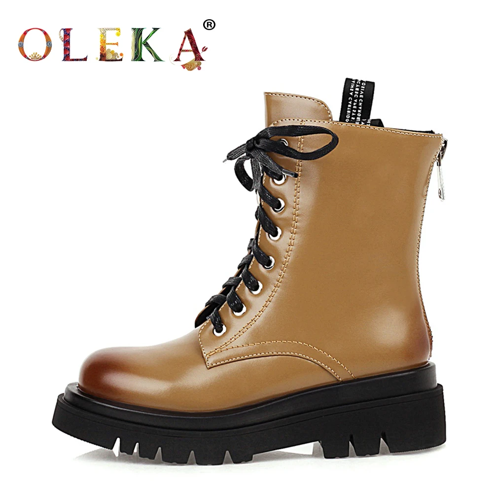 

OLEKA Mid-calf Winter Boots For Women Platform Riband Round Toe Boots Leisure Style Motorcycle Boots Warm Short Plush New