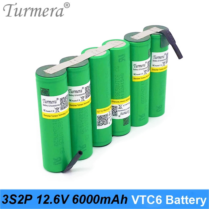 Turmera 10.8V 12.6V 3S2P 6000mAh Li-ion Battery 18650 VTC6 3000mAh 30A Battery with Soldering for Screwdriver Battery Customized 04