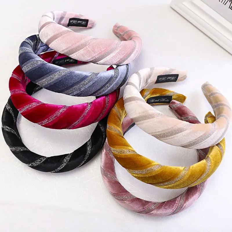 

Ethnic Thicken Padded Velvet Wide Headband Hot Stamping Glitter Twill Stripes Hair Hoop Women Prom Party Styling Retro Headwear
