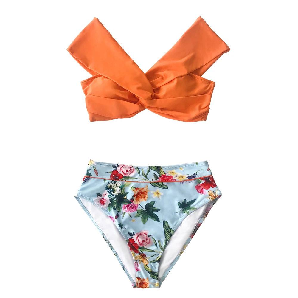 CUPSHE Оранжевый Цветочный Твист с высокой талией пикантный комплект бикини купальный костюм с открытыми плечами Купальник из двух частей женский пляжный купальный костюм