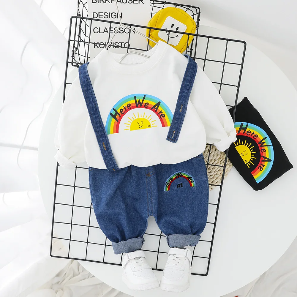 Spring Infant Clothing For Baby Boy Set Rainbow Pattern Hoodie Top+Denim Suspenders Pants 2pcs Black White Cotton Toddler Suit