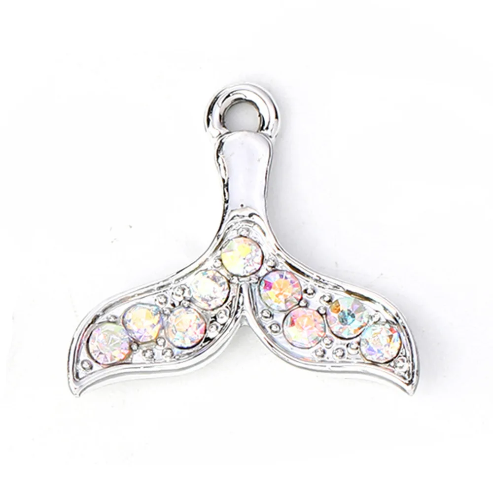 

Doreen Box Charms Pendant Fish Whale Tail Zinc Based Alloy Silver Golden Color Rhinestone 20mm( 6/8") x 19mm( 6/8"), 10 PCs