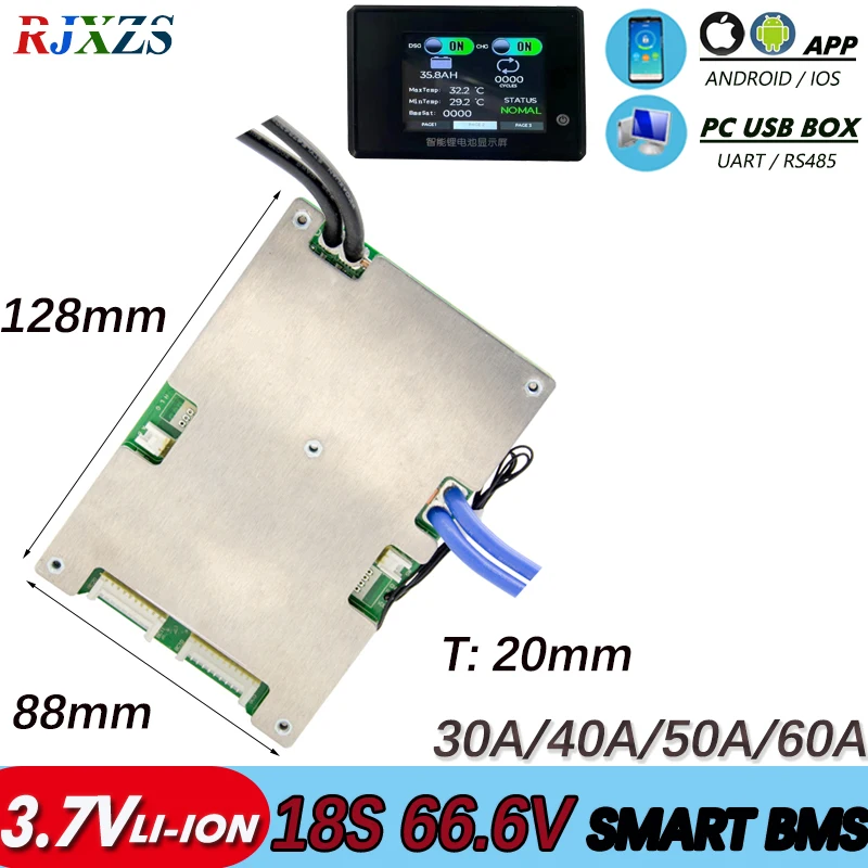 BMS 18S 30A/40A/50A/60A активный bms новый литий-ионный smart pcm с android bluetooth-comp app UART wi-Fi монитор |