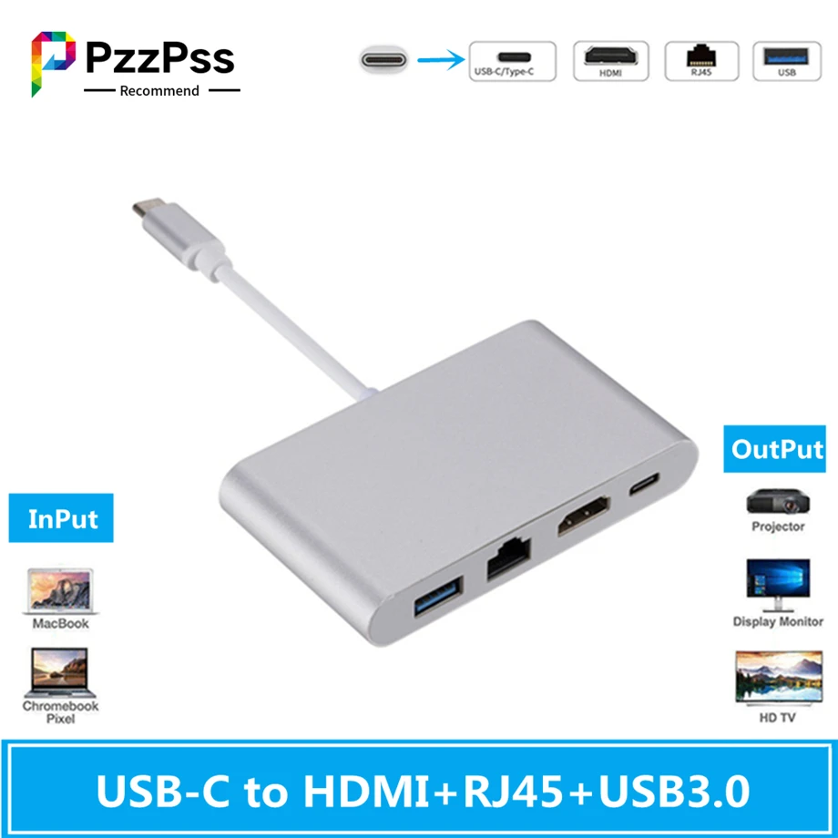 PzzPss USB Type C USB3.1 to HDMI 4K+RJ45 Gigabit Ethernet+USB 3.0 Hub Adapter USB-C Splitter for Macbook Air Pro Samsung | Электроника