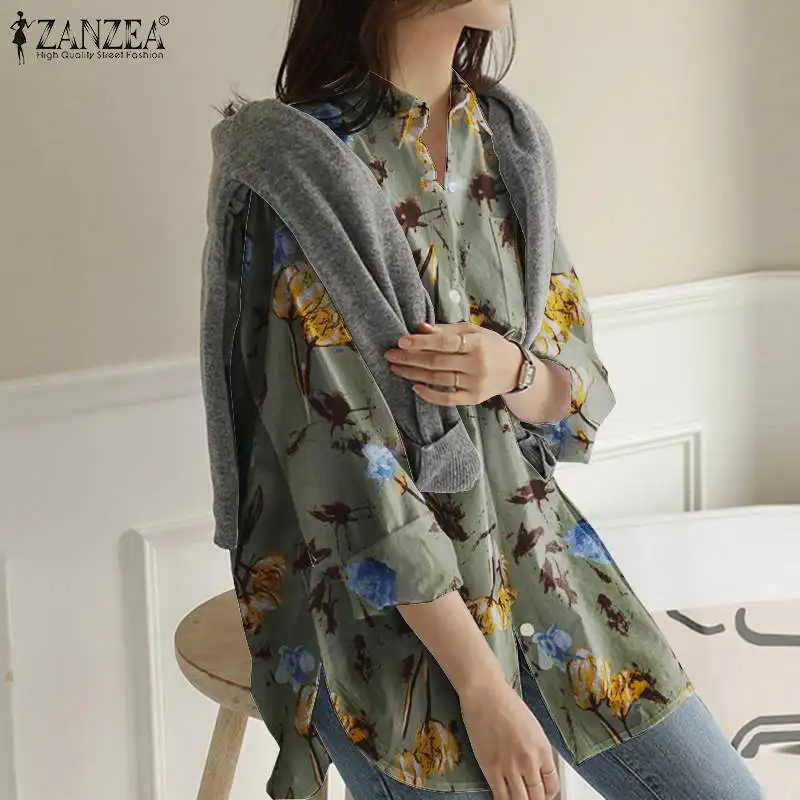 

ZANZEA Blouse for Women 2020 Female Print Shirts Autumn Long Sleeve Tops Casual Turn Down Collar Blusa Femininas Plus Size 5XL