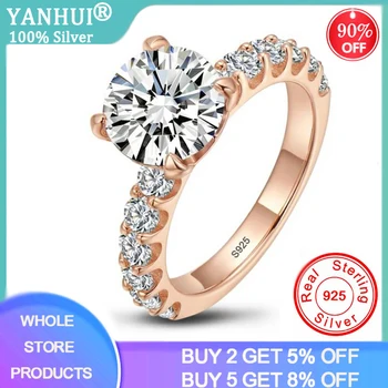 

YANHUI With Certificate Fashion Rose Gold Color S925 Stamp Sterling Silver Ring White Crystal Zirconia Wedding Engagement Rings