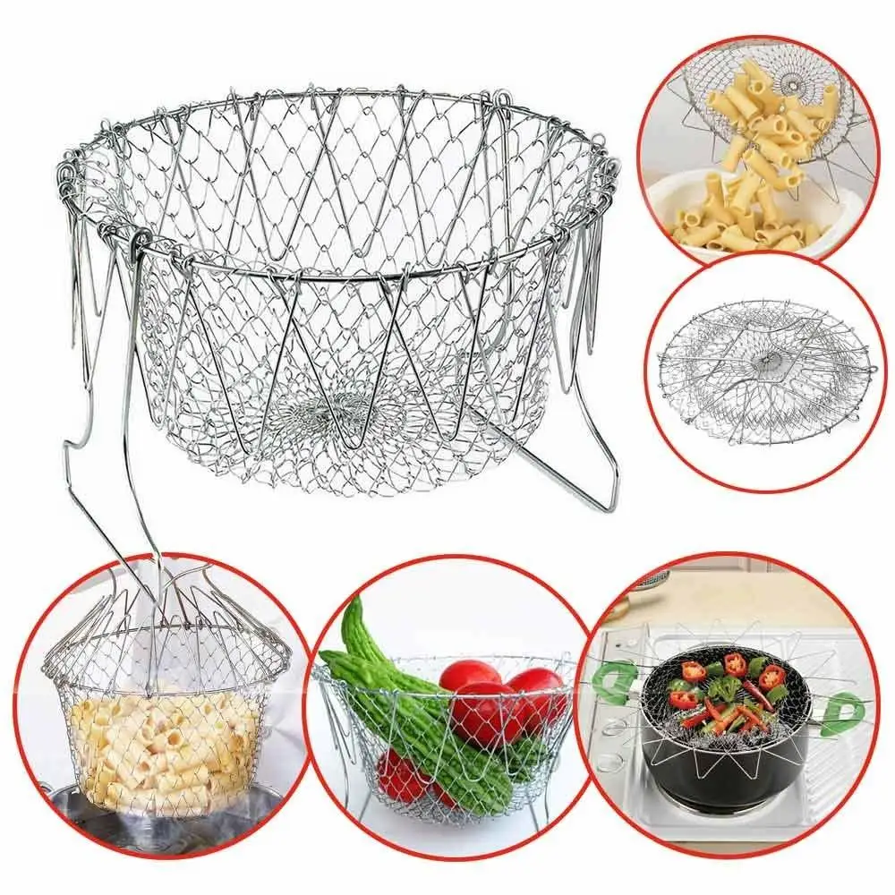 

French Fries Basket Stainless Steel Foldable Sink Strainer Basket Colander Cooking Basket for Frying Steaming Straining Rinsing