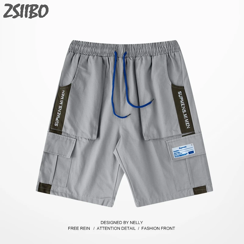 Harajuku New Men's shorts Loose Pocket tooling stitching embroidery trend Hip Hop loose sports five points pants Male Streetwear