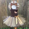 Cute Girls Lion Cartoon Tutu Dress Kids Crochet Tulle Straps Dress with Flowers and Hairbow Children Party Costume Cosplay Dress