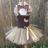 Cute Girls Lion Cartoon Tutu Dress Kids Crochet Tulle Straps Dress with Flowers and Hairbow Children Party Costume Cosplay Dress