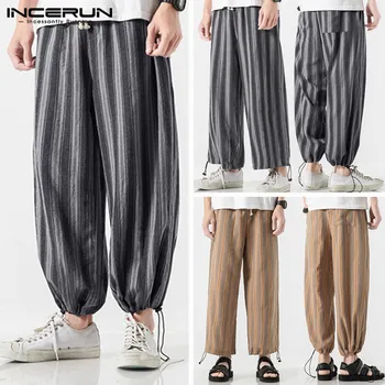 

INCERUN Men Baggy Casual Cotton Lacing Pants Trendy Striped Elastic Waist Daily Wild Men Trousers Wide Leg Sweatpants Pantalon
