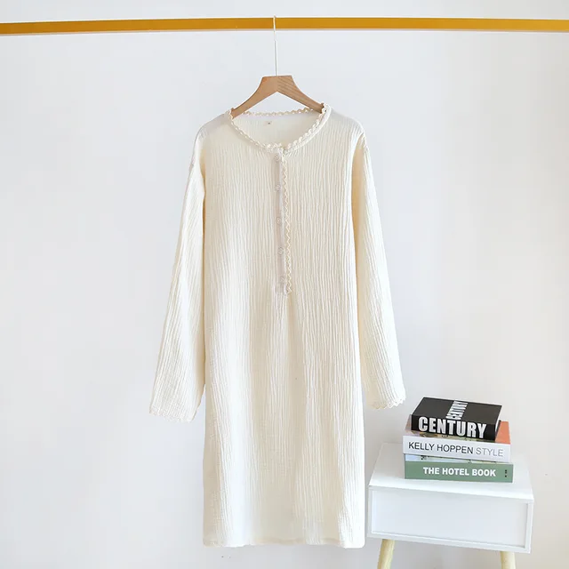 Summer Night Dress for Women Pure Cotton Crepe Sleep Skirt Long Sleeve Nightgown Famale Thin Loose Casual Comfortable Home Skirt Beige