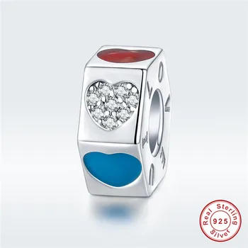 

fit Pandora Bracelet Silver 925 Original CZ Enamel Heart Rectangle Beads diy S925 Blue&Red Geometric Charms for Jewelry Making