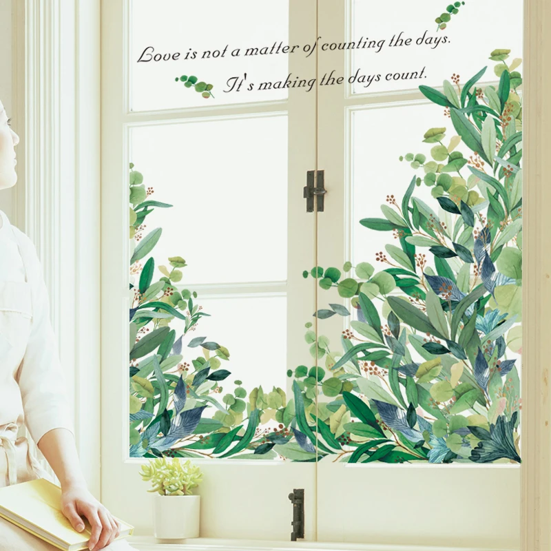 

104*83CM Wall Sticker Simple Green Plant Leaves Nordic Poster Background Wall Corner Door Windows House Decoration Wallpaper