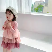 Коллекция года, платье в Корейском стиле с оборками в стиле пэчворк для девочек модные осенние платья для девочек, PX445