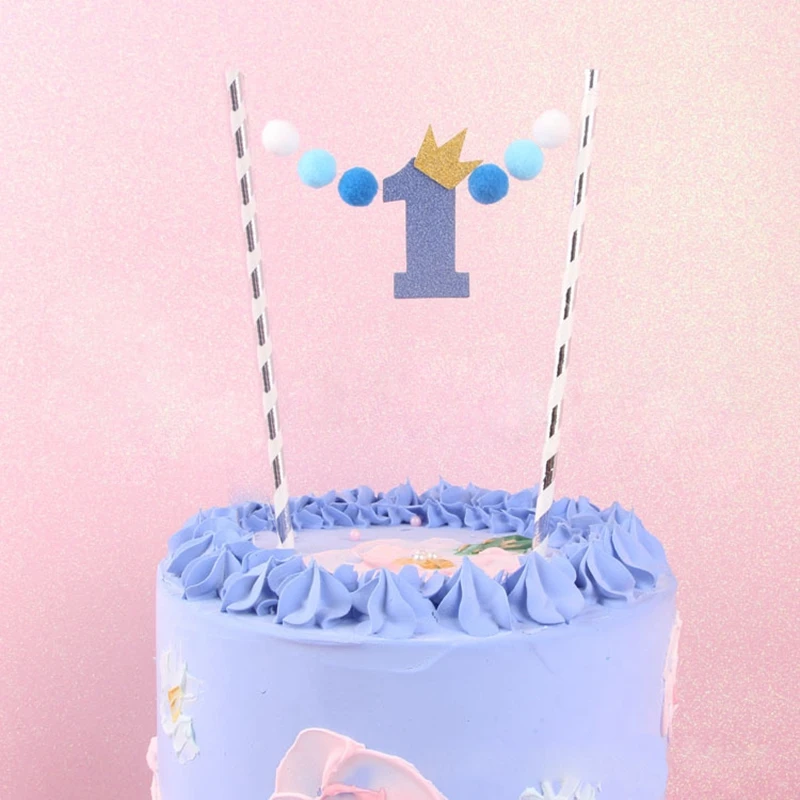 1pc straw topper Голубой мальчик 1-й День рождения одноразовая посуда бумажная чашка скатерть тарелка флаг первые принадлежности для юбилейной вечеринки - Цвет: 1pc straw topper