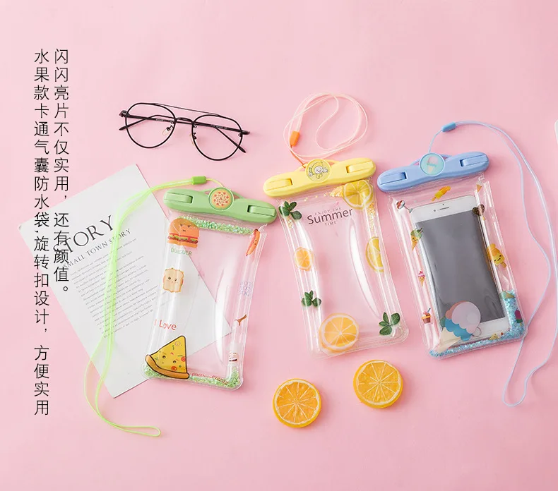 Quicksand Air Bag Waterproof Cellphone Bag Cartoon Fruit Swimming Diving PVC Floating Touch Screen Underwater Photo Shoot Phone