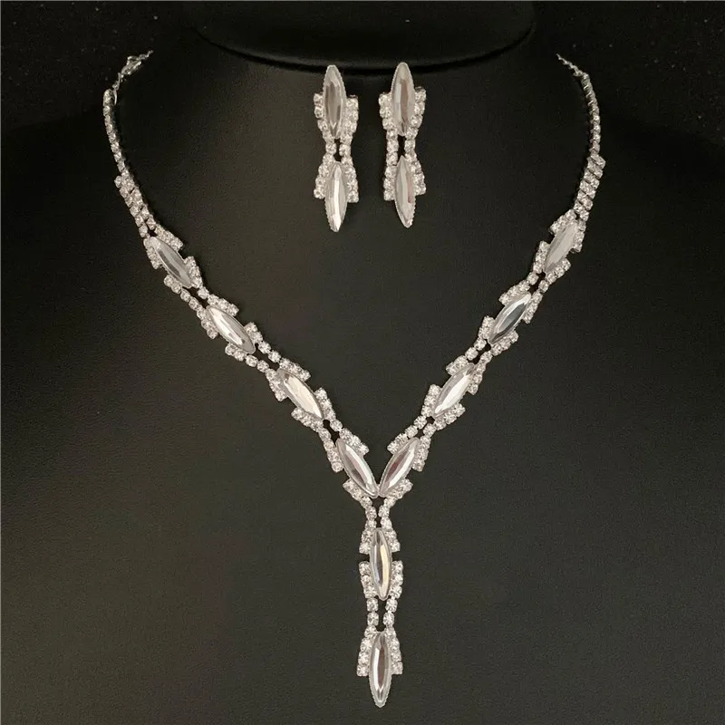 Prom Wave Choker Jewelry Set Silver Plated Rhinestone Crystal Necklace Earrings 14