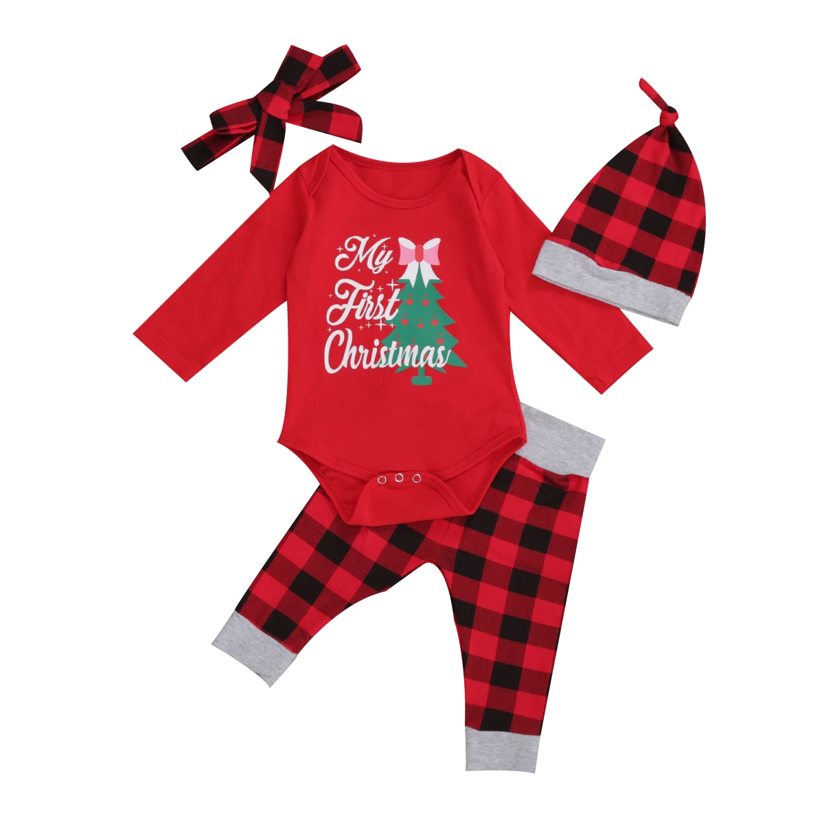 

Four Piece Baby Girls Boys Clothes Unique Christmas Element Long Sleeve Jumpsuit and Plaid Long Pants with Headband Hat