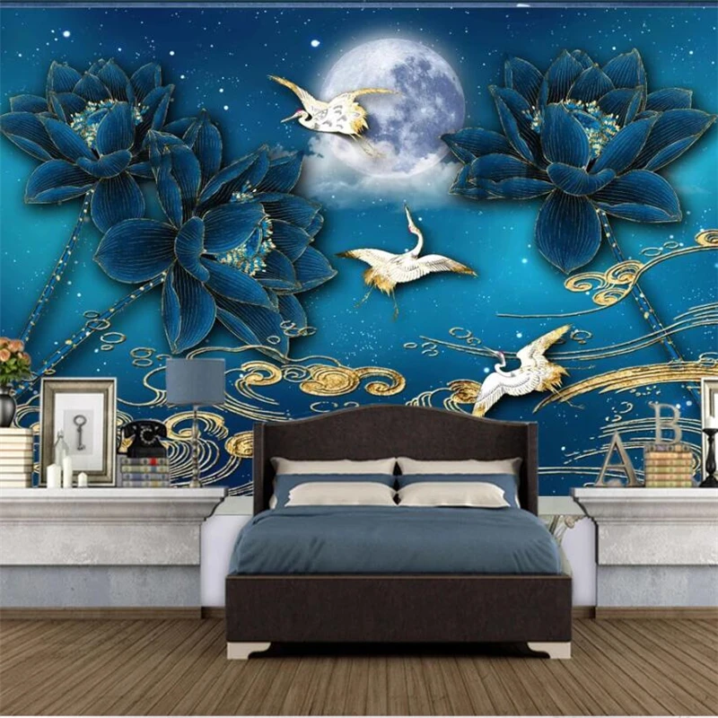 beibehang Customized large mural new Chinese style national tide golden blue lotus TV background wall wallpaper | Обустройство дома