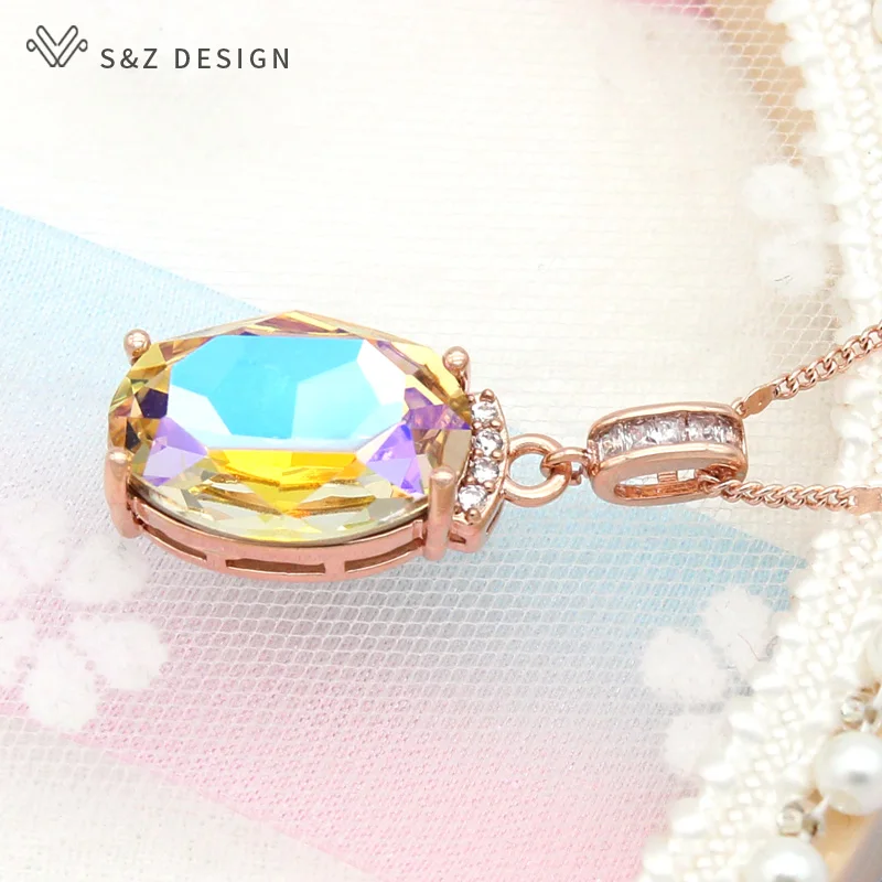 S&Z DESIGN Fashion Elegant Oval Large Crystal Necklace For Women Girl Wedding Party 585 Rose Gold Color Jewelry