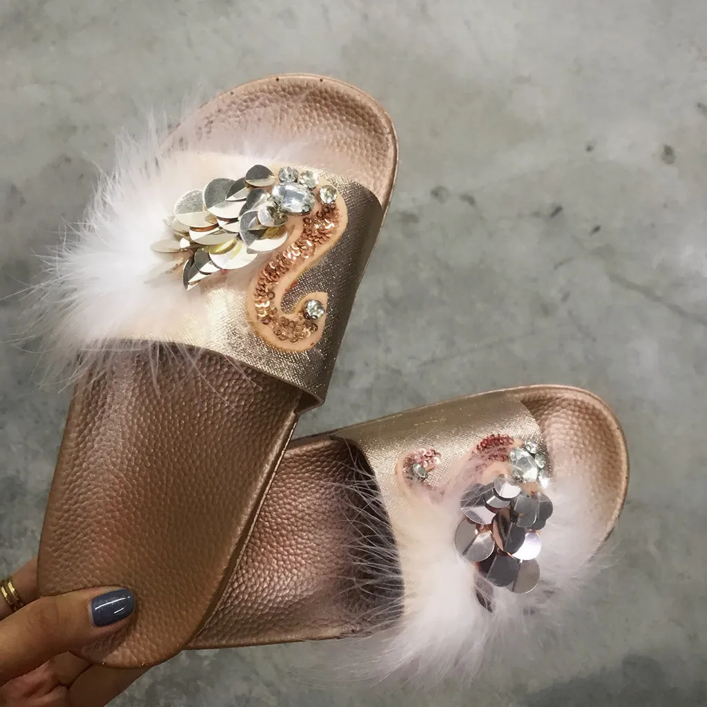 

Womens Ladies Fashion Casual Bling Feather Comfy Platform Flat shoes woman Open Toe Outdoor Female Beach Slippers Droship #THY