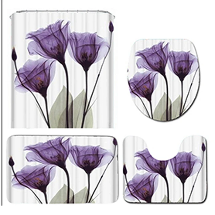 Curtain Mat Set Ванная комната коврик для ванной душевая Шторы с цветочным принтом прочный Водонепроницаемый ванной наборы занавесок коврик для крышки унитаза Non-Slip Ванная комната коврик набор - Цвет: Curtain Mat Set