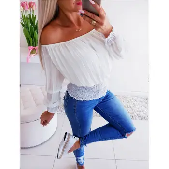 

2019 Elegant Strapless Ruffle Lace Tops Shirt Women Solid White Pleated Lace Hollow Blouse Women Casual Long Sleeve Blouse Tops