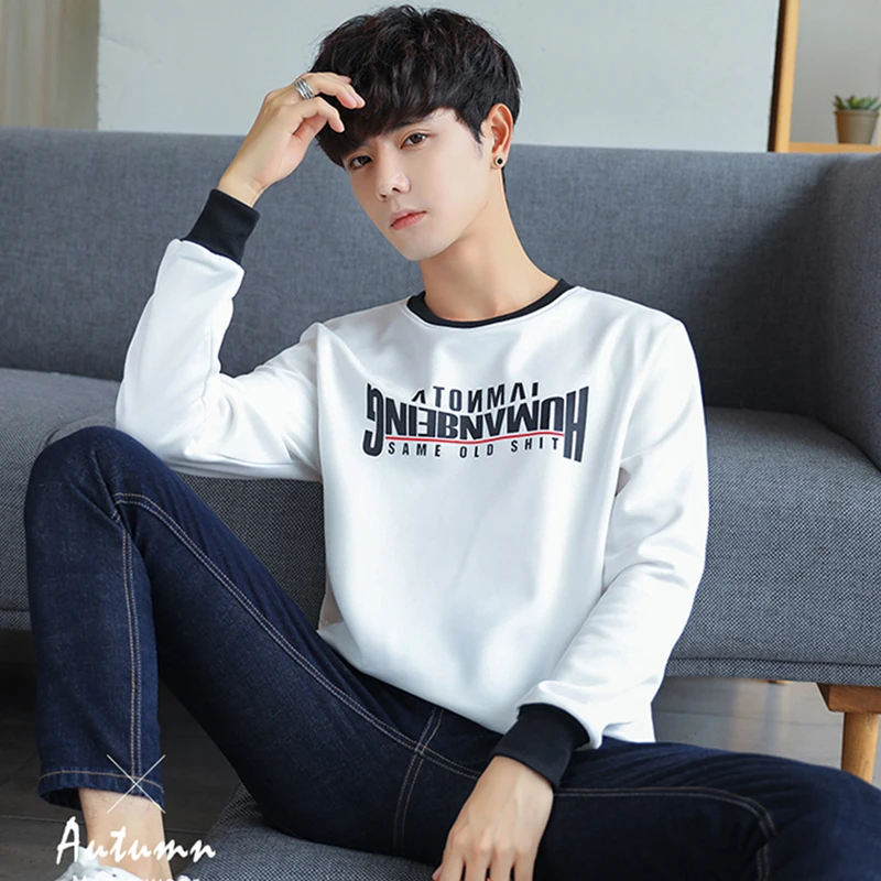 Letter Print O neck Oversized 2019 New Autumn Winter men T shirt long Sleeve plus size Korean style minimalist student clothes