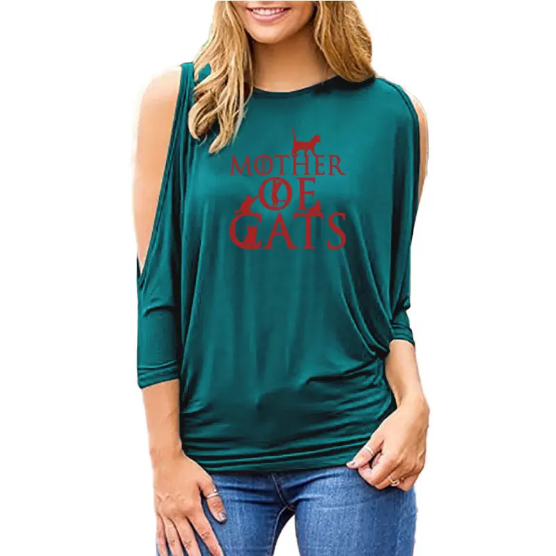 Mother of Cats Print WomenLoose shirt size with open shoulder T-shirt Cotton Casual Funny t shirt - Цвет: 8