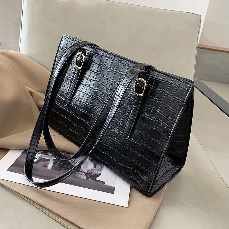 

New Large PU Leather Shoulder Bags for Women 2020 Winter Stone Pattern Hand Bag Women's Branded Trending Black Handbags