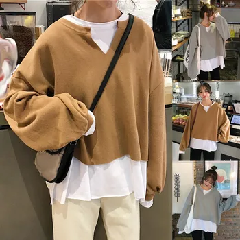 

Womens Autumn Fake Two Pieces Loose Splice Long Sleeve Pullover Sweatshirt Tops Dropshipping Winter 2020 fashion Selling Work