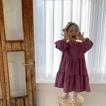 

Spring Fall Brand Baby Girls Dresses Fashion Loose sleeves Kids Girl Causal Dress Children Solid Color Linen Princess Dress