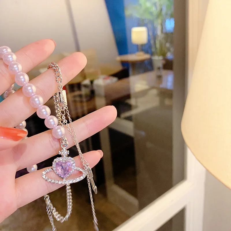 Hot Sale Purple Planet Necklaces For Women Fashion French Romantic Style Heart Shape Clavicle Chain Trend Vintage Beach Jewelry | Украшения