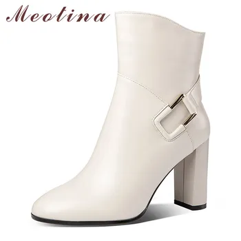 

Meotina Winter Ankle Boots Women Natural Genuine Leather Block Heel Short Boots Zipper Super High Heel Shoes Lady Autumn Size 39