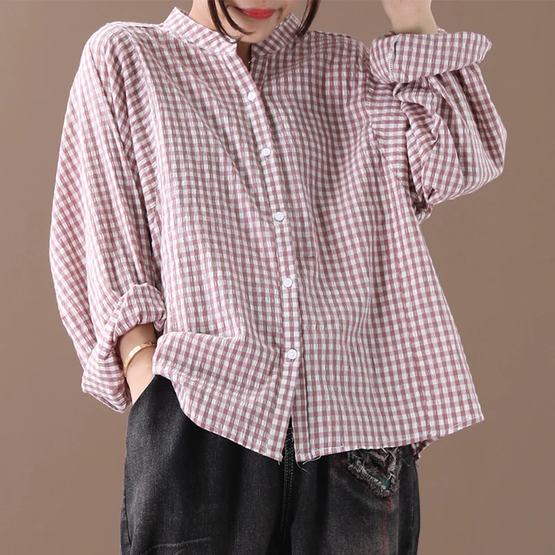 

[EWQ] 2019 Spring Autumn New Pattern Round Collar Long Sleeve Plaid Patchwork Single Breasted Vintage Shirt Women AH05401