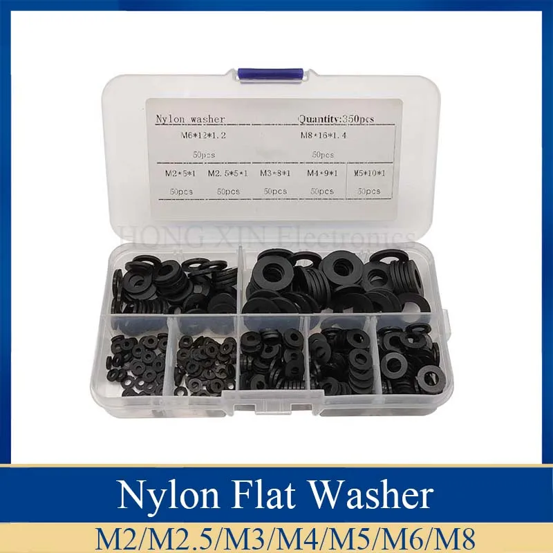 350Pcs Plastic Washer Black M2-M8/PCB Nylon Plastic Washer Bolt Assortment kit set With Box Gasket RingFastener Hardware