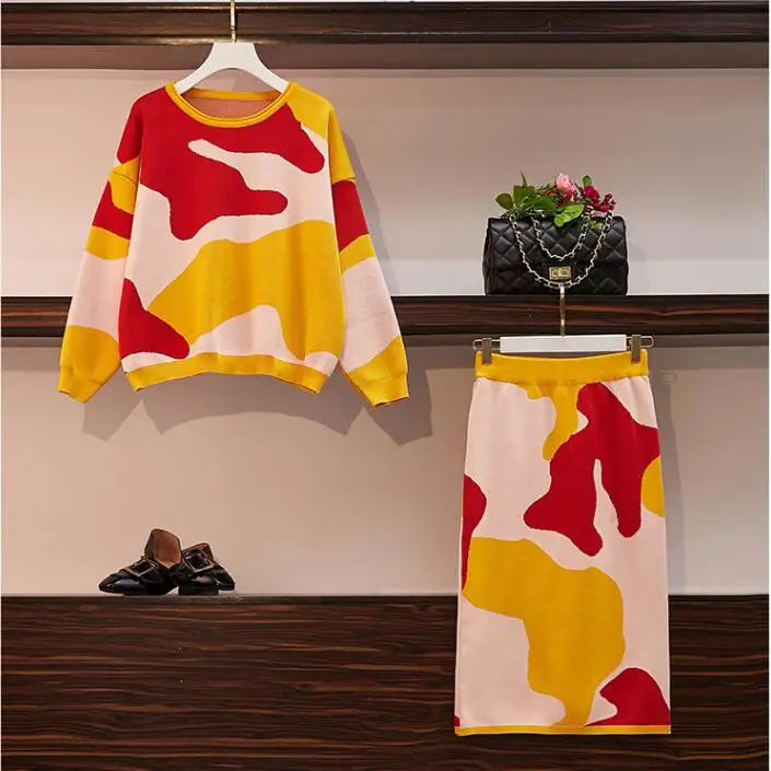 Цветной Леопардовый жаккард вязаный свитер комплект из двух предметов Женский пуловер с длинными рукавами и граффити топы и юбка-карандаш костюм