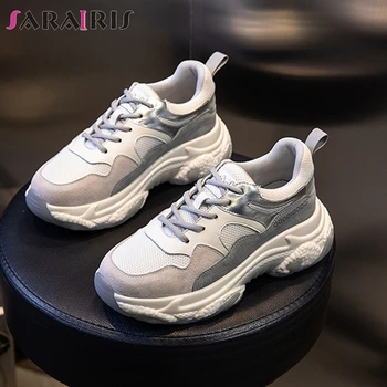

SARAIRIS Female Spring Fresh lace-up Shoes Woman Comfort Platform Sneakers Women Autumn Split Leather Sneakers