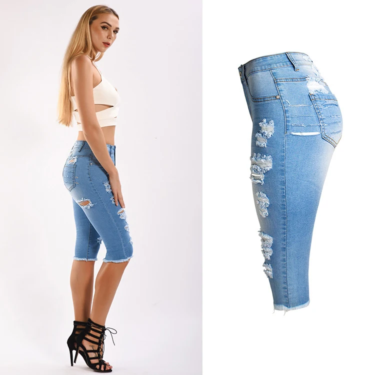 Для женщин прямо в середине талии джинсы эластичные узкие Slim Fit Джинсовые шорты Женская мода рваные ковбойские джинсовые шорты S/4XL D486