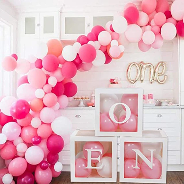 First Birthday Balloon 'ONE' Boxes for Baby Girl WITH 24 Balloons - Baby  1st Birthday Girl Decoration Clear Cube Blocks 'ONE' Letters as Cake Smash