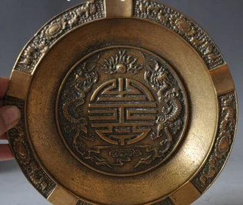 

AA 002665 China Bronze Flower FengShui Wealth lucky Fly 2 Dragon Statue FA Plate Tray