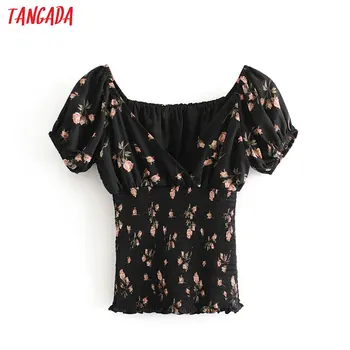 

Tangada women slim rose print crop blouse short sleeve 2020 new arrival chic female sexy tunic shirt tops 6M11