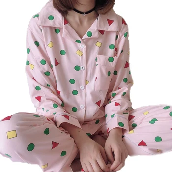 

YAHOUHEI Long sleeve pajamas female cartoon spring and autumn popular sweet and lovely geometric home wear women cotton suit
