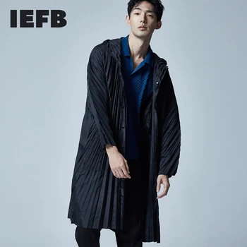

IEFB Men's Clothes 2020 autumn New Mid-length Pleated Trench streetwear Japanese Fashion Long Coat Handsome Hooded Jacket 9Y460